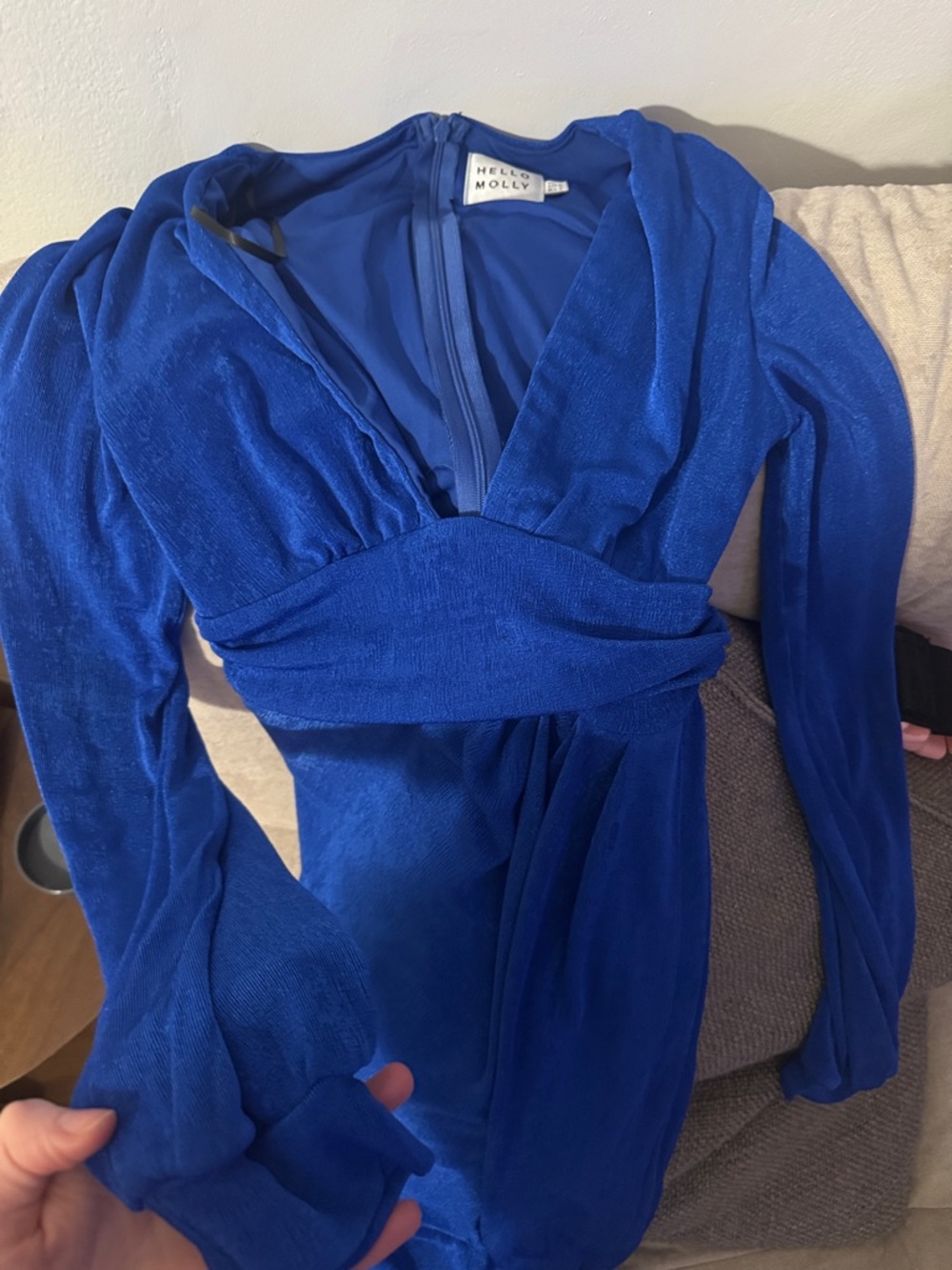 Hello Molly “Jessie” Blue Long Sleeve Plunge V Neck Sexy Asymmetrical Mini Dress - Picture 5 of 6